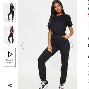 PrettyLittleThing Black Short Sleeve Drawstring Tie Waist Jumpsuit, Size M